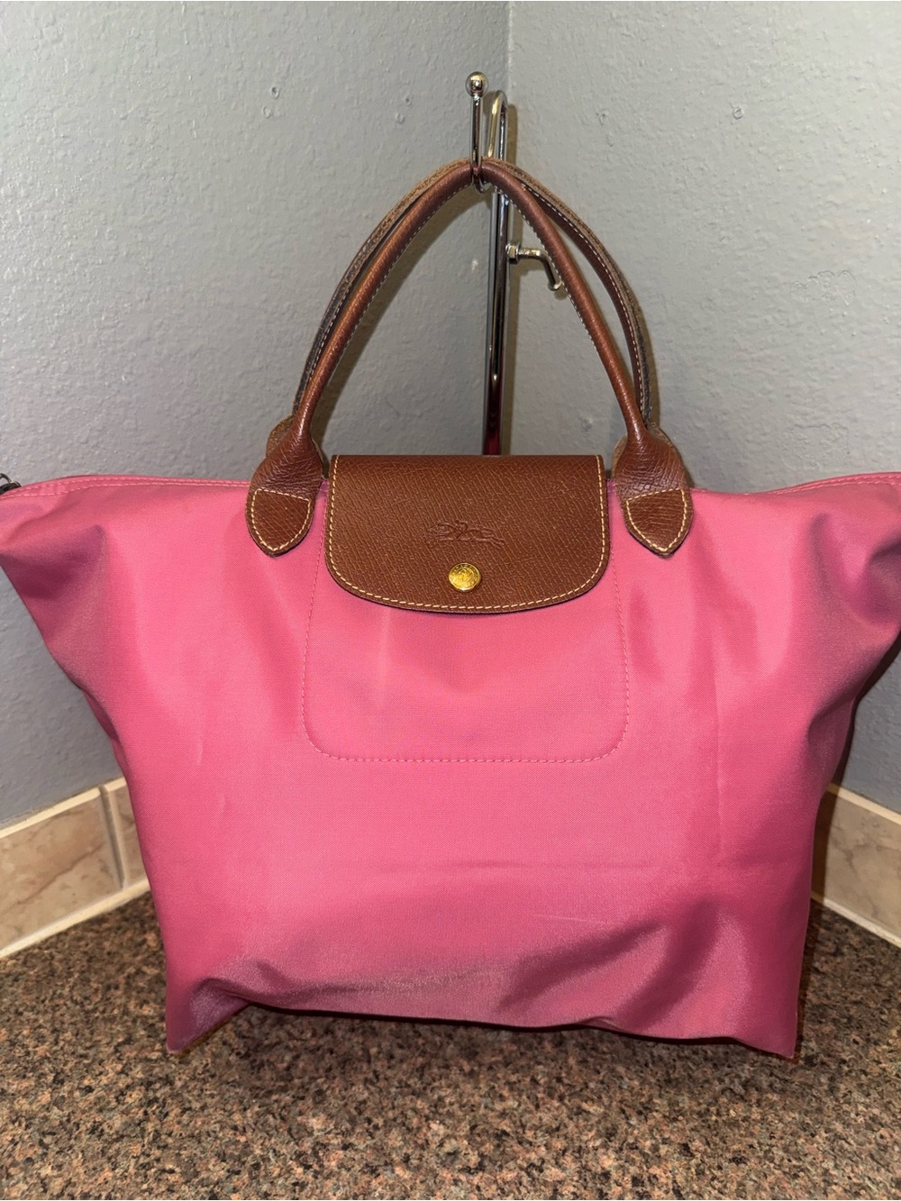 Longchamp Barbie pink Le Pliage small top handle bag EUC
